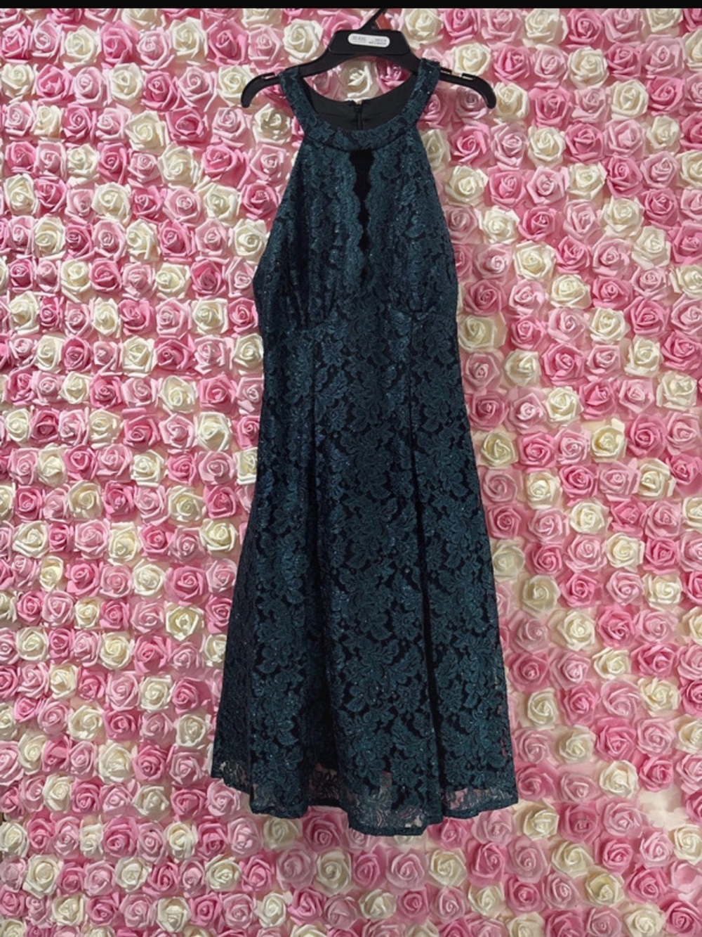 R&M Richards Dark Teal Lace Halter Midi Dress